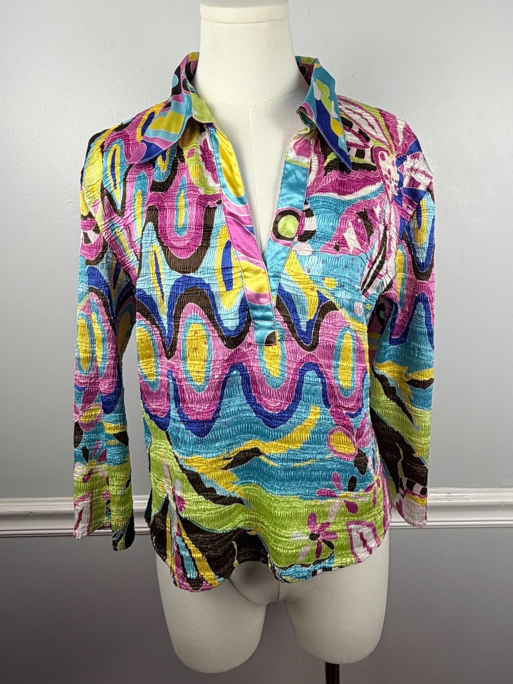 Vintage Alberto Makali 70s vibes crinkled psychedelic print size XL